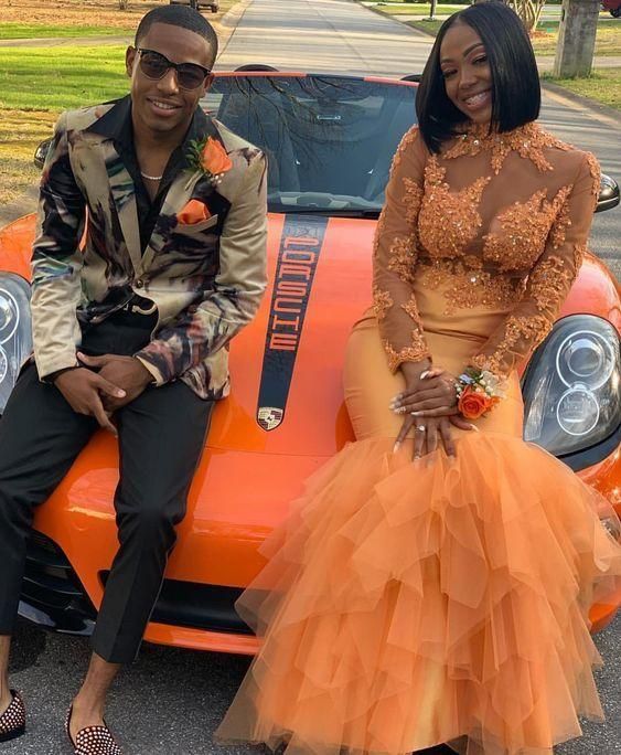 Long Sleeves High Neck African Prom Dress Lace Appliques Beaded Tiered Tulle Floor Length Prom Dresses - VelvetHem