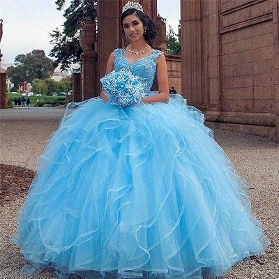 Gorgeous Blue V-neck Appliques Quinceanera Dresses | Layered Beadings Ball Gown