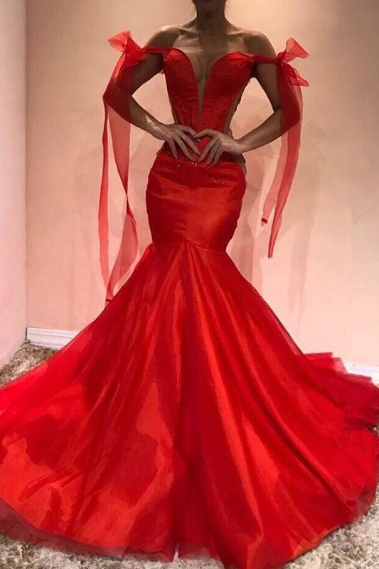 Red Off-the-Shoulder Evening Dress | Mermaid Red Prom Dress Party Gowns - VelvetHem