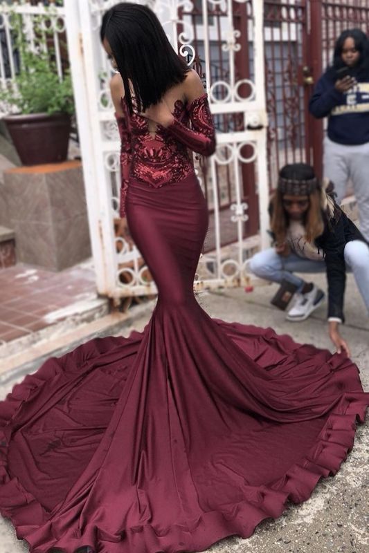 Sexy Burgundy Sequins Mermaid Prom Dresses | Long Sleeves Evening Dresses - VelvetHem