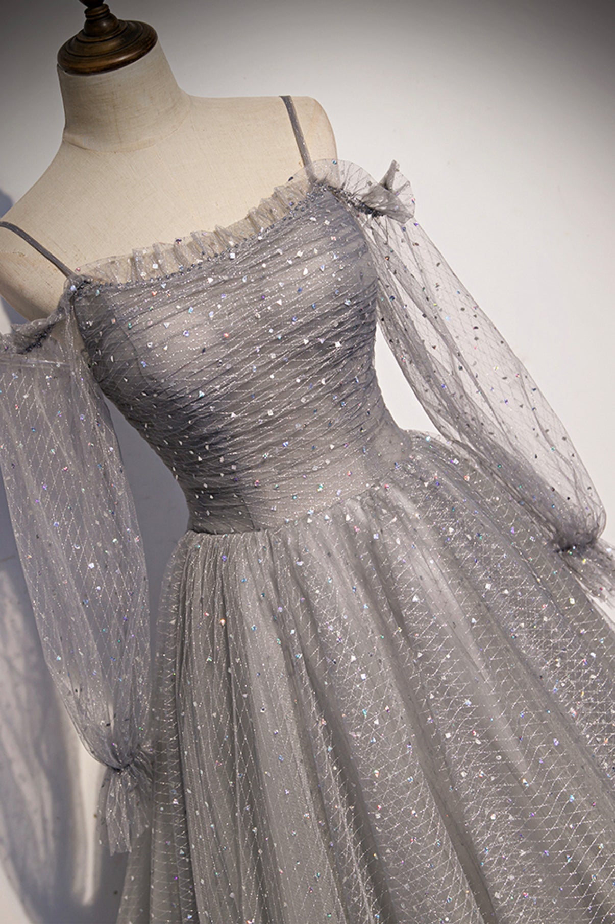 GRAY TULLE SEQUINS LONG A LINE PROM DRESS EVENING DRESS