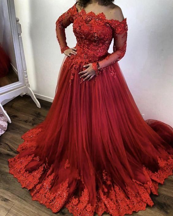red tulle princess prom dresses off the shoulder - VelvetHem