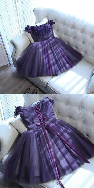 A-Line Grape Tulle Off Shoulder Homecoming Dresses With Beading