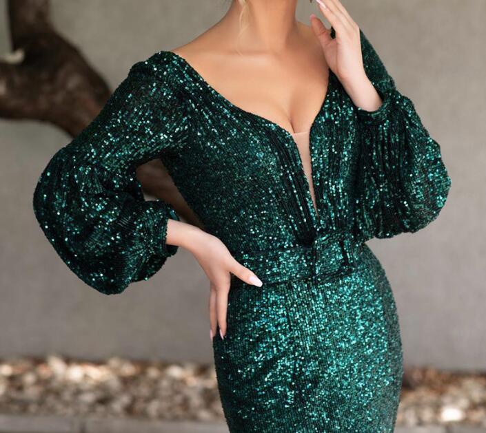 Sparkly Green Long Sleeve Evening Dresses.charming V-Neck Backless Mermaid Formal Evening Gowns