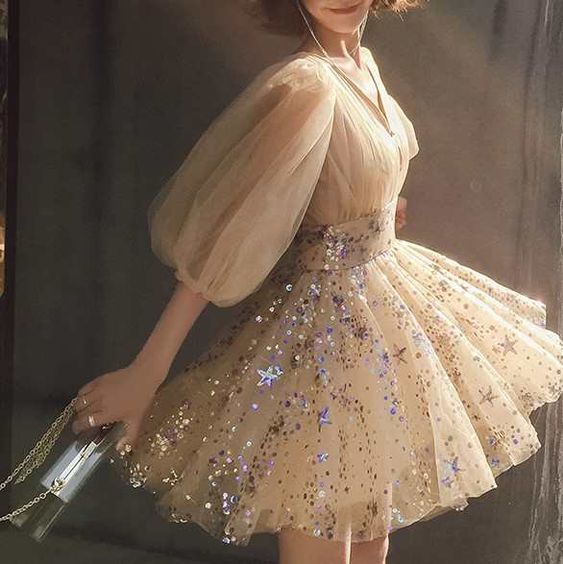Sequin Mini Dress V-neck Puff Sleeve Party Dress Homecoming Dress