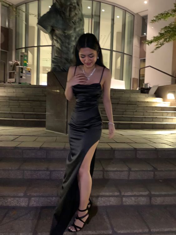 Simple black prom dress with split