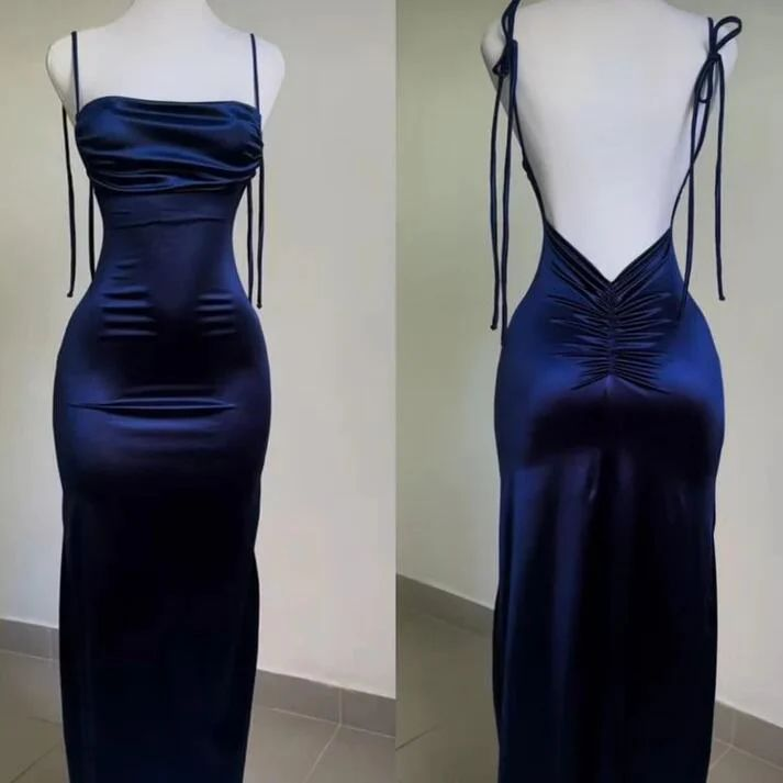 Spaghetti Straps Sheath Prom Dress Navy Blue Backless Party Evening Dress - View 3 | VelvetHem