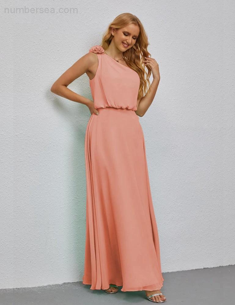 Ruffled One Shoulder Sleeveless Long Bridesmaid Dresses A-line Formal Evening Gown Side Split 28080 (ZD17018)