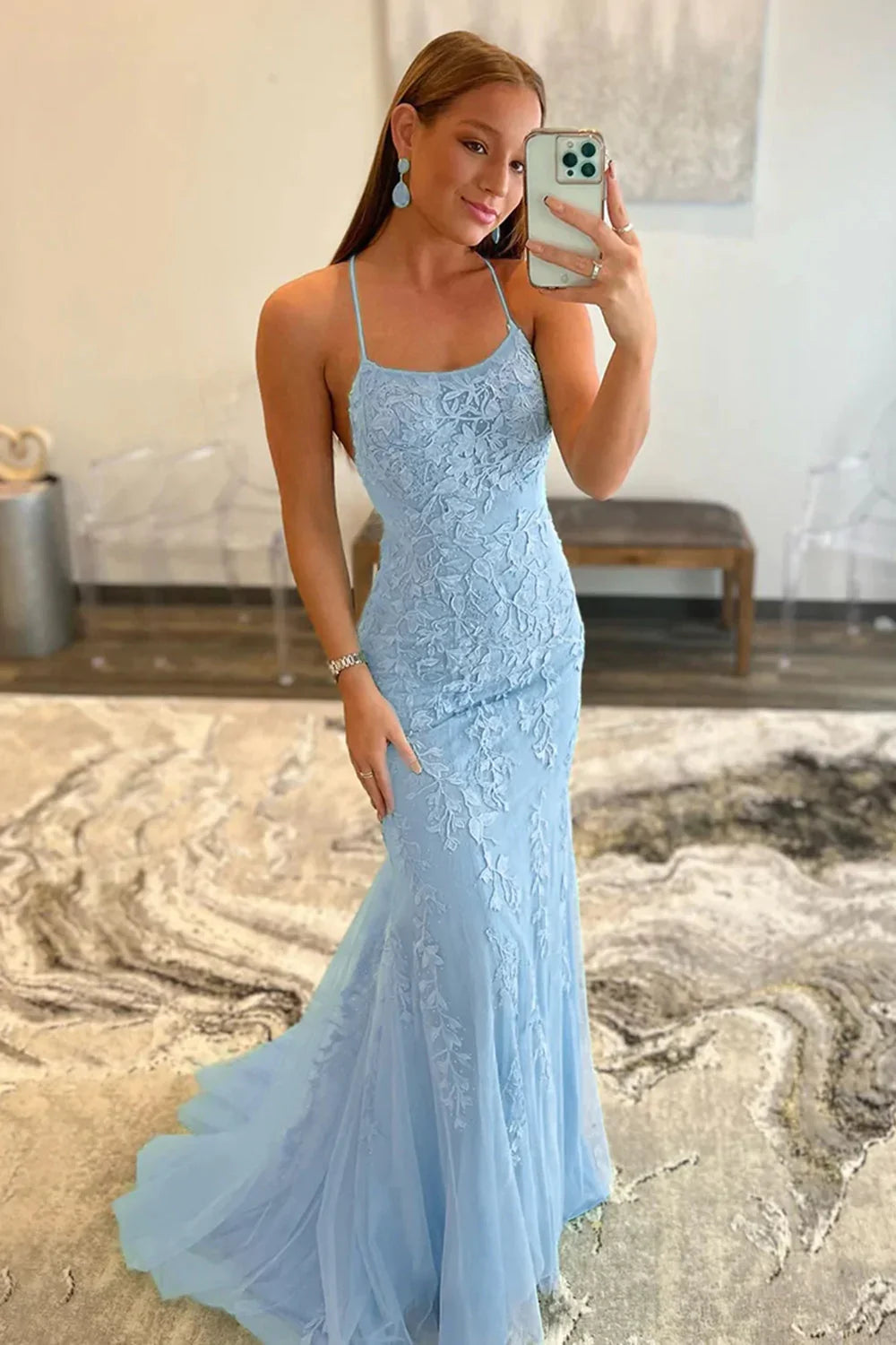 Mermaid Spaghetti Straps Green Long Prom Dress with Appliques - View 5 | VelvetHem