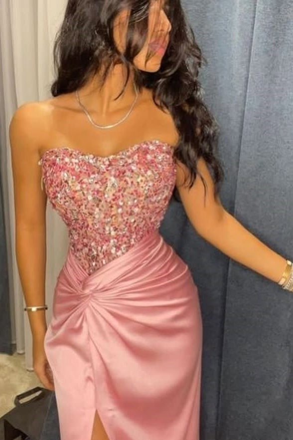 Sexy Mermaid Sweetheart Pink Long Party Dress with Beading - View 2 | VelvetHem