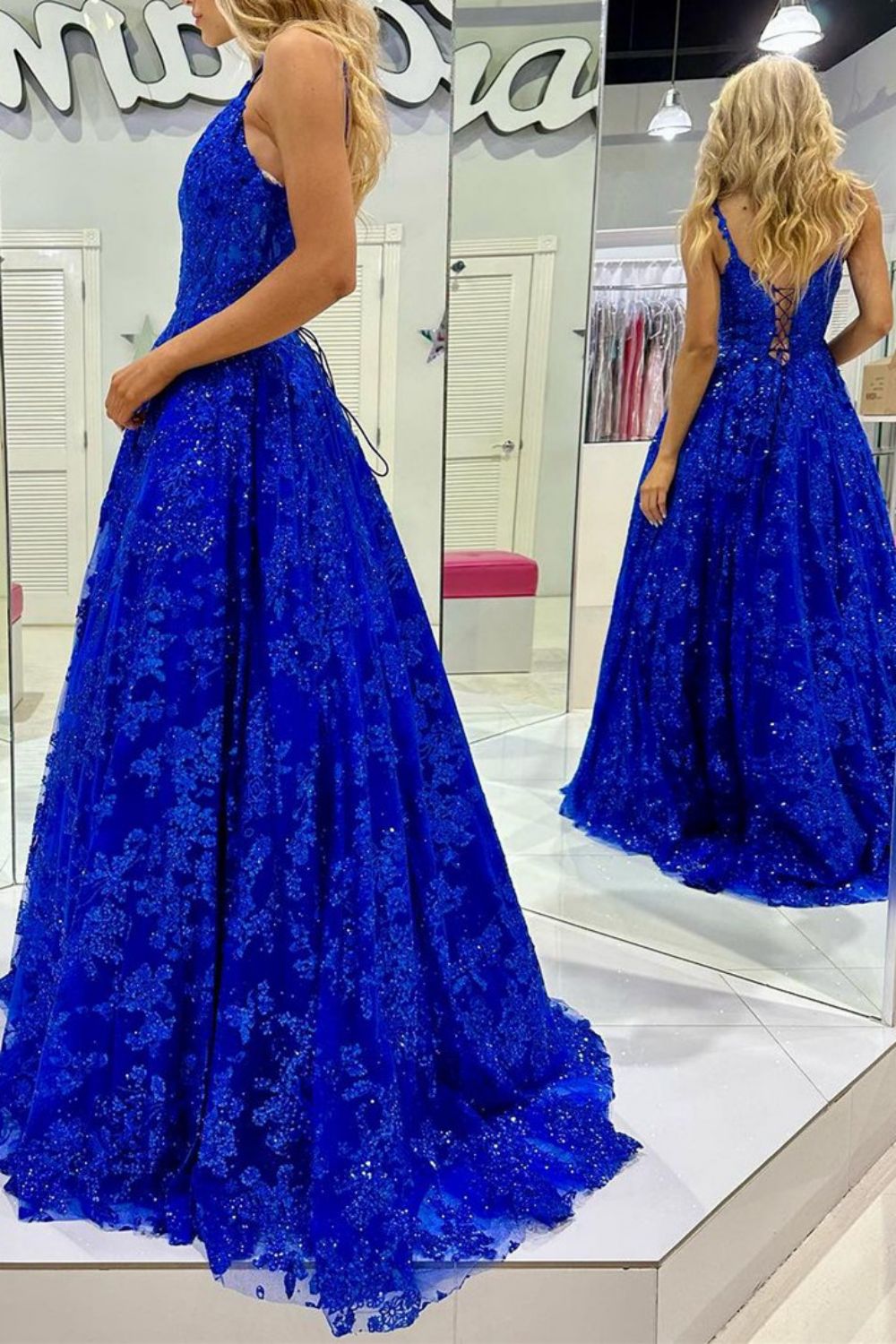 Gorgeous A Line Spaghetti Straps Royal Blue Long Prom Dress with Appliques - View 2 | VelvetHem