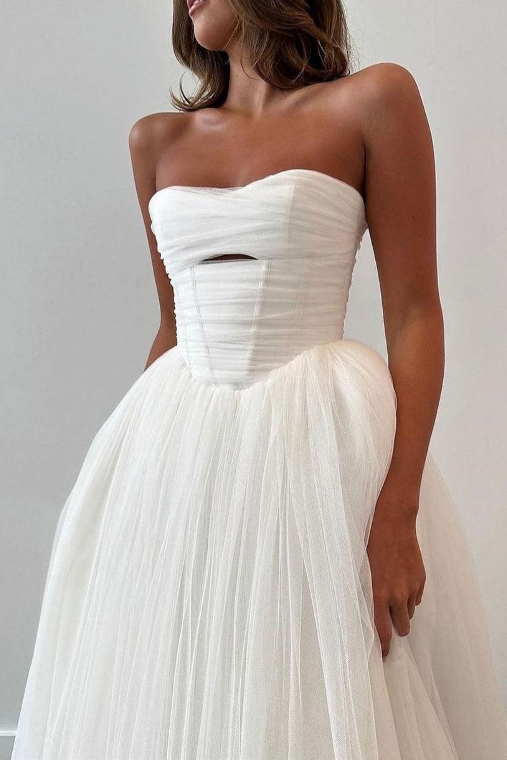 Elegant A Line Strapless White Tulle Long Bridal Dress with Sweep Train - View 3 | VelvetHem