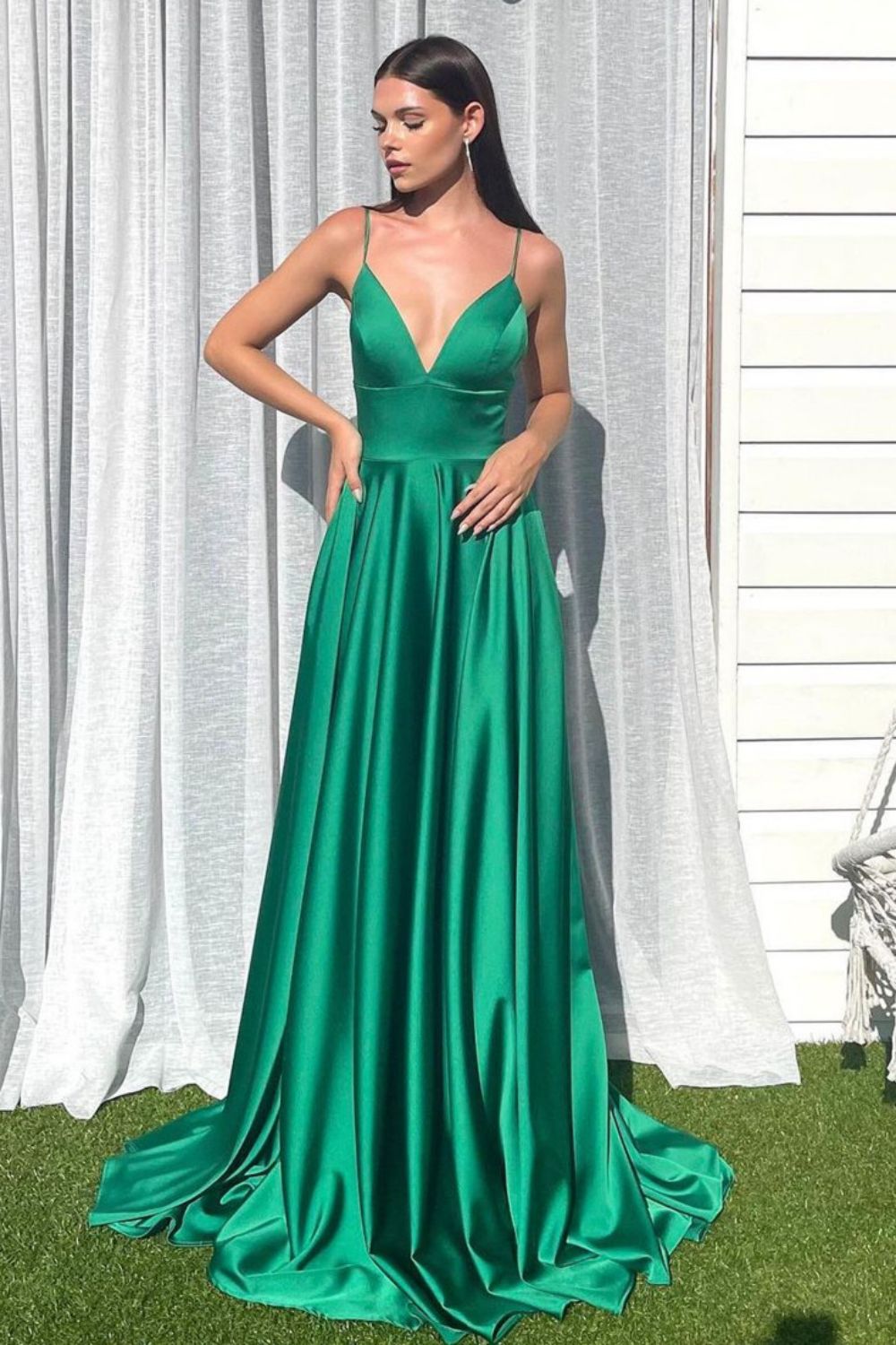 Simple A Line Spaghetti Straps Green Long Prom Dress with Split Front - View 3 | VelvetHem