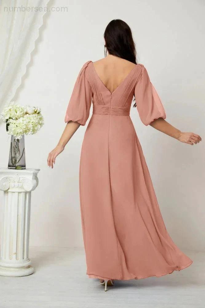 ZapDress  Formal Prom Gown Women V-Neck Chiffon Bridesmaid Dresses Long Bishop Sleeve Party Dress 2807 (ZD17027)
