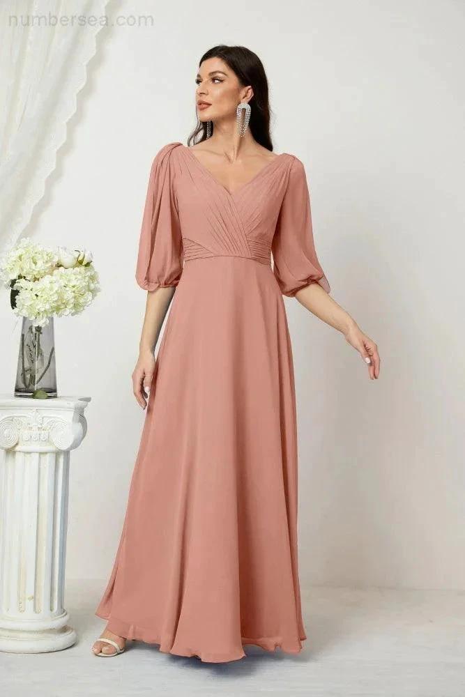 ZapDress  Formal Prom Gown Women V-Neck Chiffon Bridesmaid Dresses Long Bishop Sleeve Party Dress 2807 (ZD17027)