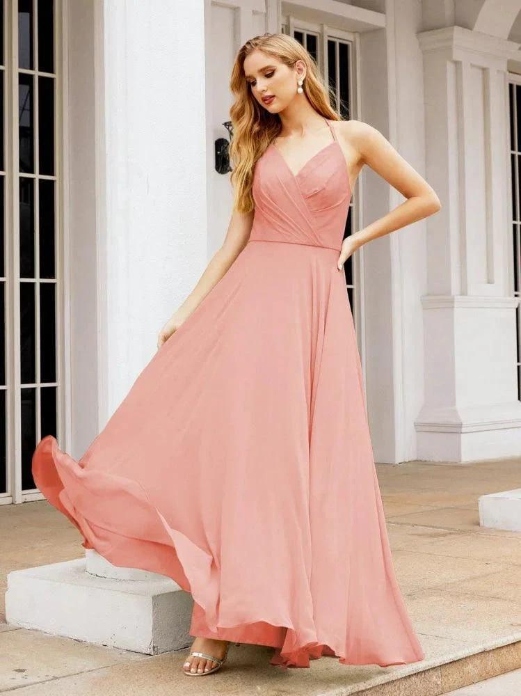 Numbersea Halter Chiffon Bridesmaid Dresses Wedding Appare Sleeveless Formal Prom Dress with Ruffled Back 28035 by numbersea