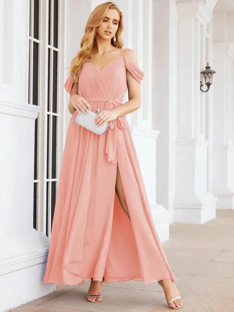 Numbersea Off The Shoulder Chiffon Bridesmaid Dress Long Formal Graduation Gown with Cowl Back 28069 by numbersea