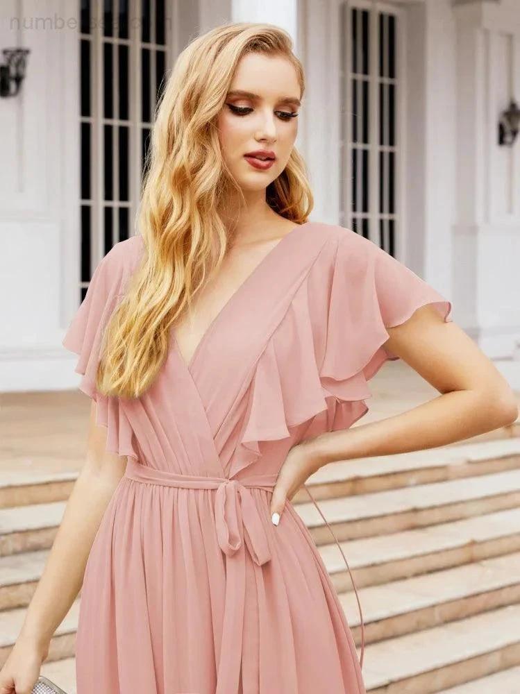 ZapDress Women's Open Back Formal Evening Party Prom Gowns V-Neck Long Chiffon Bridesmaid Dresses with Waist Belt 28038 (ZD17000)