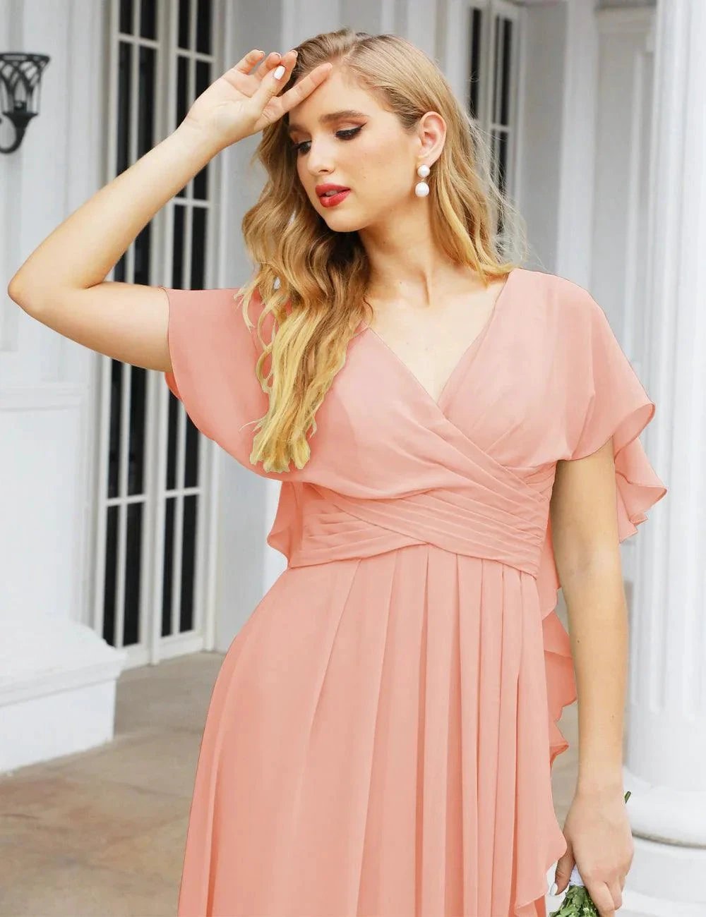 ZapDress Chiffon Bridesmaid Dresses Long Formal Evening Prom Mother of The Bride Dress with Flutter Sleeve (ZD17054)