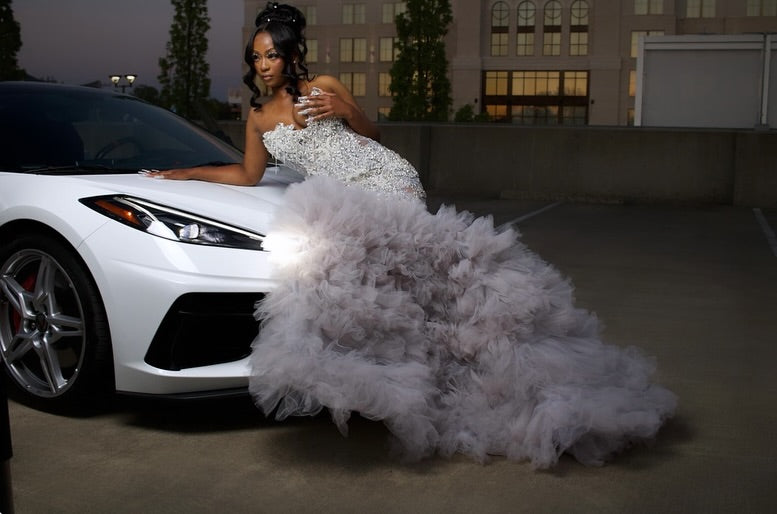 The Silver Cloud - 2026 Crystal Beaded Mermaid Gown: Sweetheart Neckline with Cascading Crystal Fringe & Extravagant White Tulle Cloud Ruffle Train (ZD17403)
