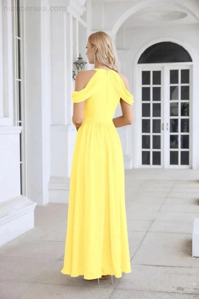 Ladies Chiffon Off Shoulder Swing Sleeve Front Slit Bridesmaid Evening Dress Wedding Party Evening Dress 28117 (ZD17011)