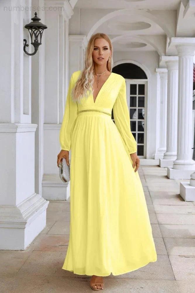 Ladies V Neck Chiffon Long Sleeve Front Slit Bridesmaid Evening Dress Wedding Party Shopping Evening Dress 28109 (ZD16991)