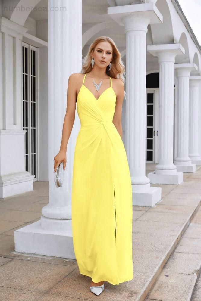 Ladies Chiffon Spaghetti Strap V Neck Front Slit Floor Length Bridesmaid Evening Dress Prom Party Wedding Evening Dress 28116 (ZD17012)