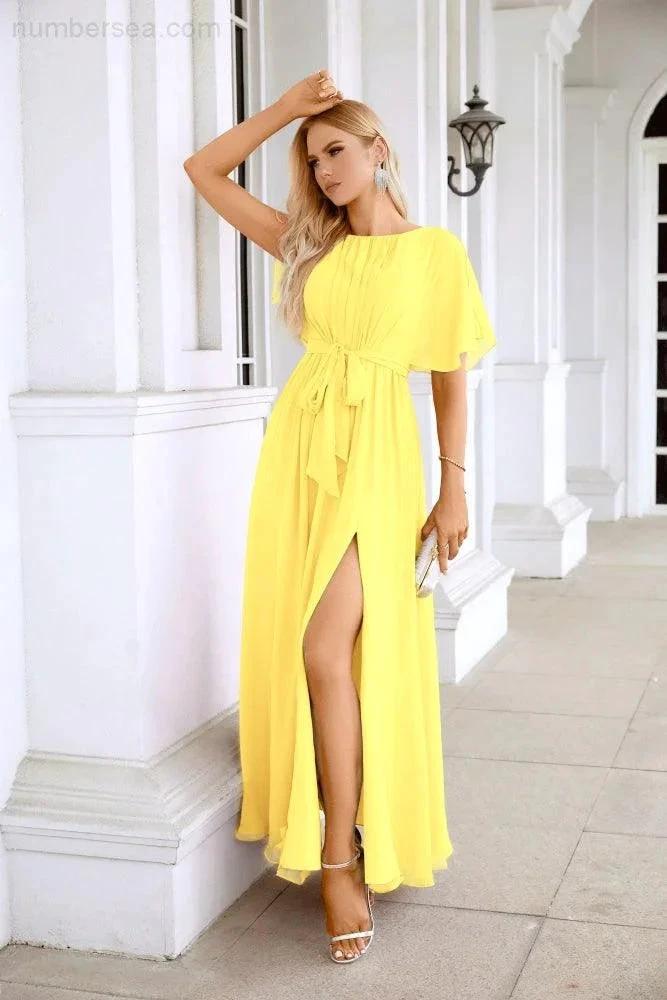 Ladies Chiffon Sleeve Crew Neck Front Slit Floor Length Bridesmaid Evening Dress Wedding Party Evening Dress 28124 (ZD17007)