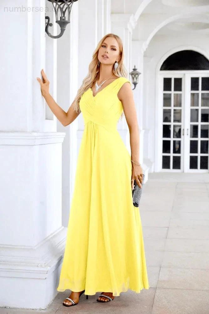 Ladies Chiffon V Neck Sleeveless Floor Length Bridesmaid Evening Dress Wedding Party Evening Dress 28126 (ZD16989)