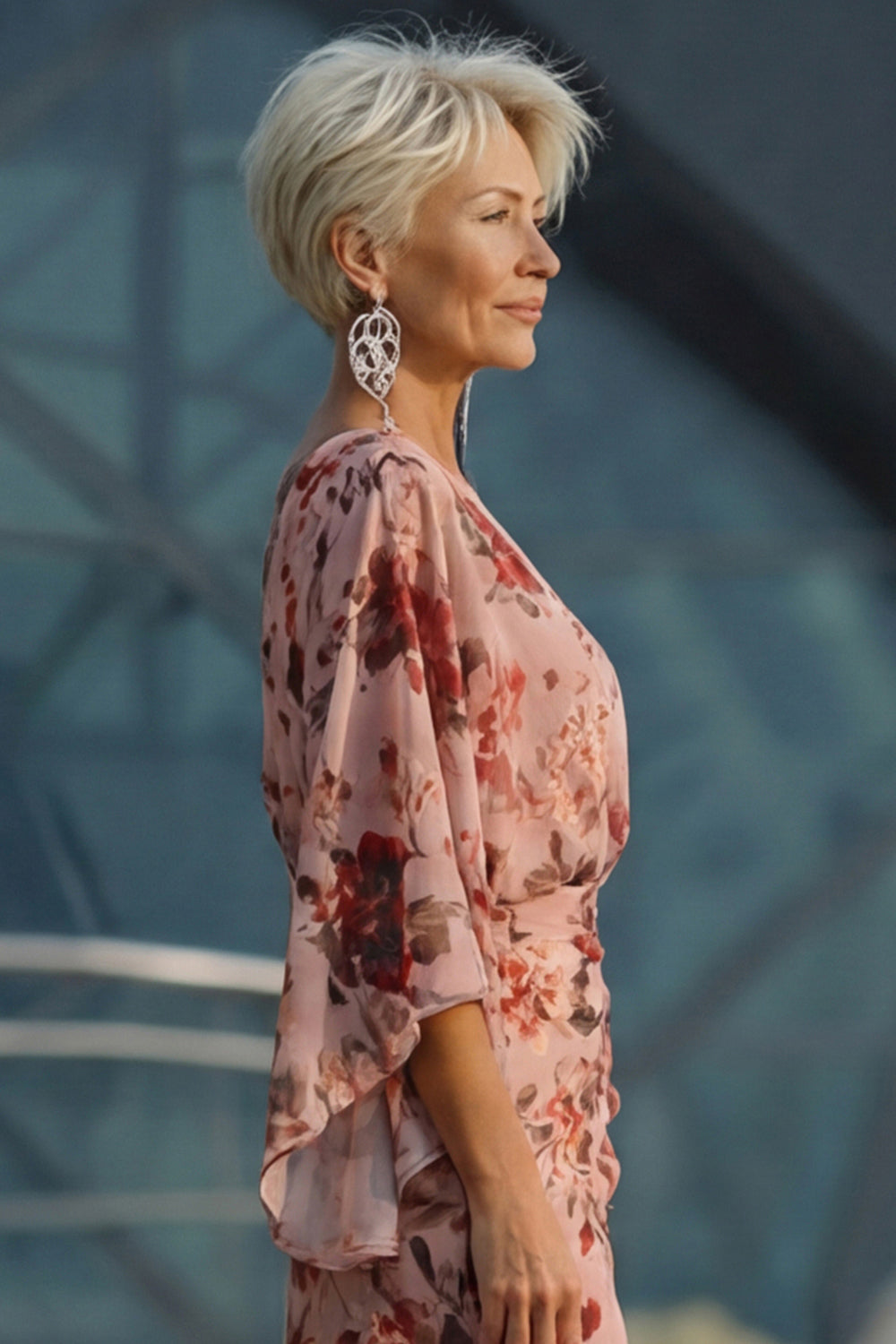 Dusty Rose Floral V Neck Sheath Mother of the Bride Dress with Flared Sleeves