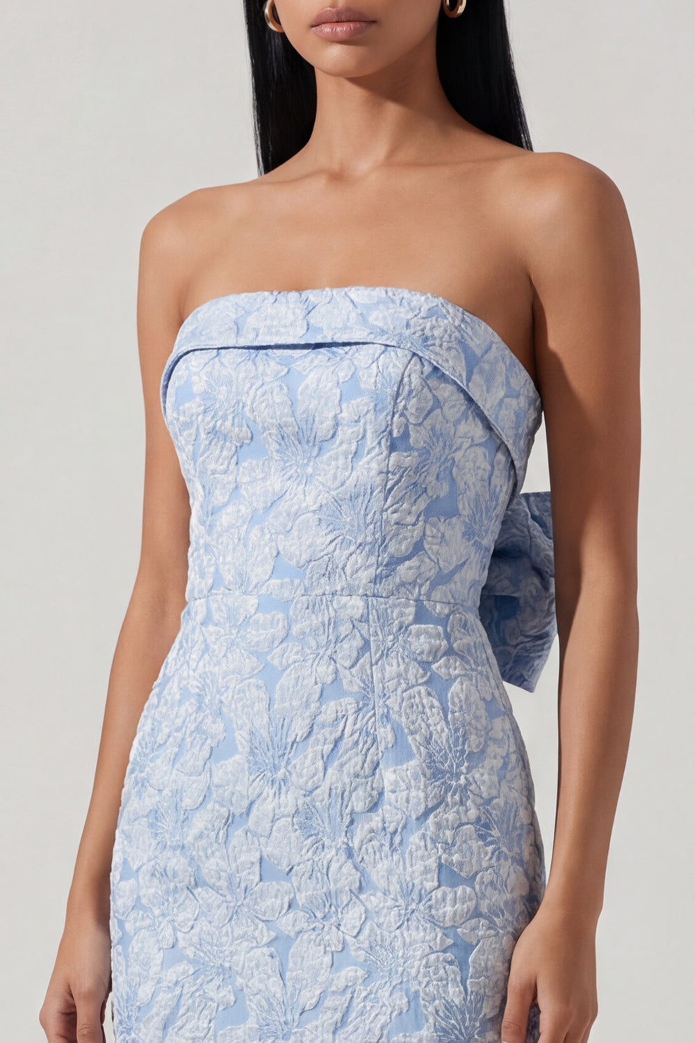 Strapless Floral Sheath Blue Maxi Formal Dress with Bow