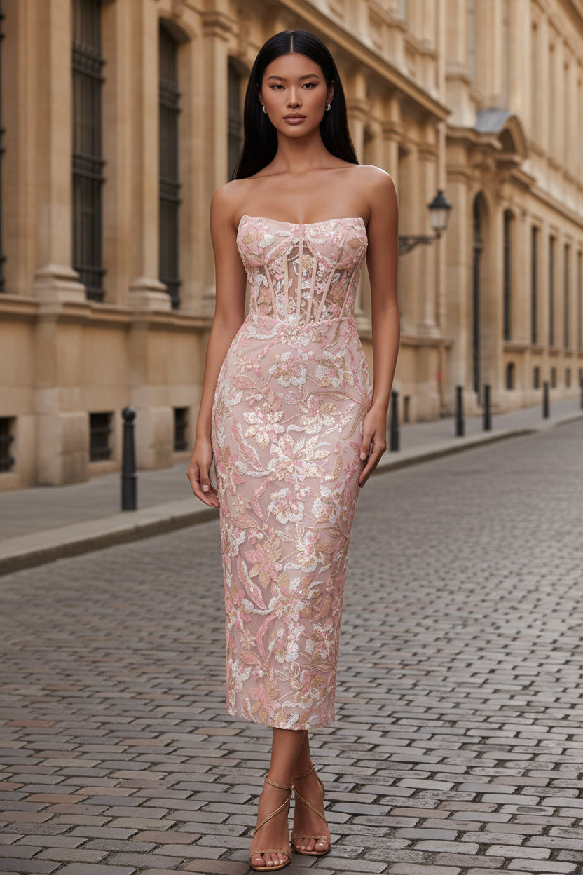 Sparkly Pink Floral Strapless Corset Lace Maxi Formal Dress