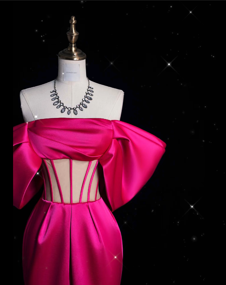 Sexy Mermaid Off The Shoulder Neckline Satin Pink Long Prom Dresses Party Dress - View 3 | VelvetHem