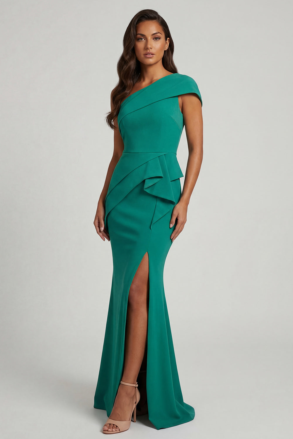 Dark Green One Shoulder Mermaid Ruffled Long Mother of the Bride Dress with Slit