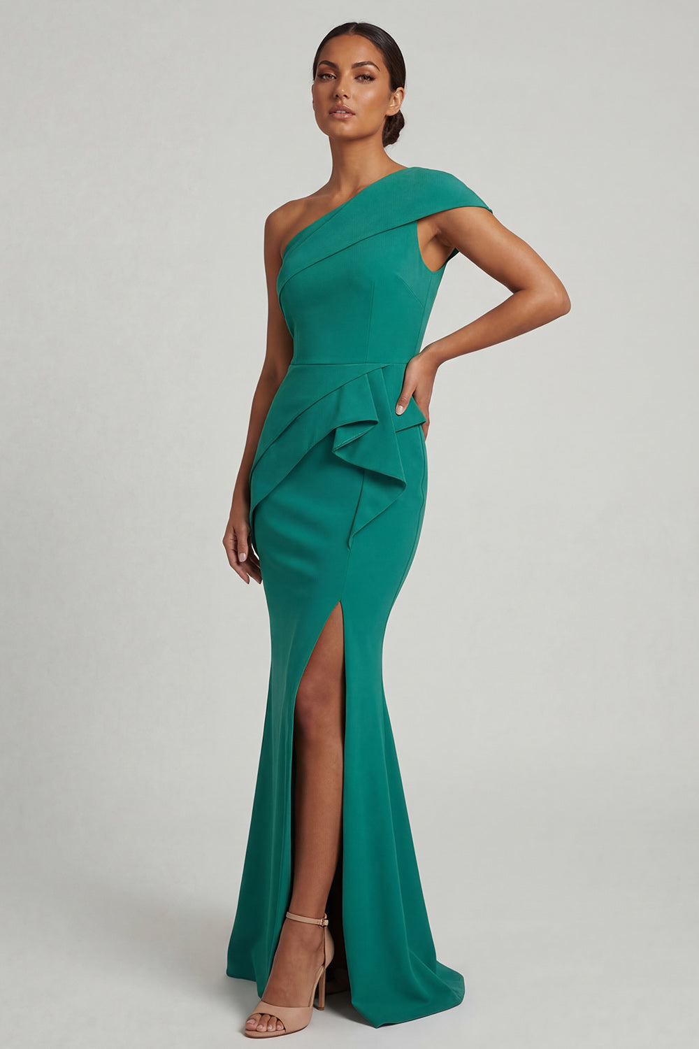 Dark Green One Shoulder Mermaid Ruffled Long Mother of the Bride Dress with Slit