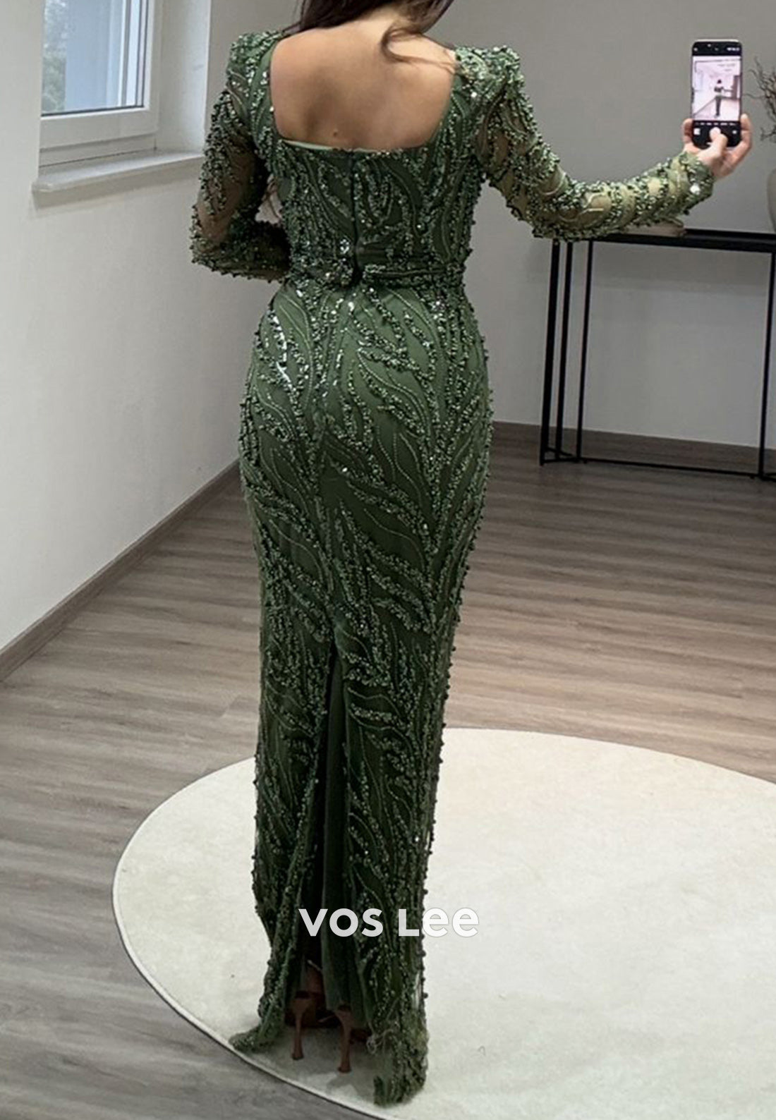 Full Beaded Square Evening Dress Long Sleeves Sheath Formal Party Gown - View 10 | VelvetHem