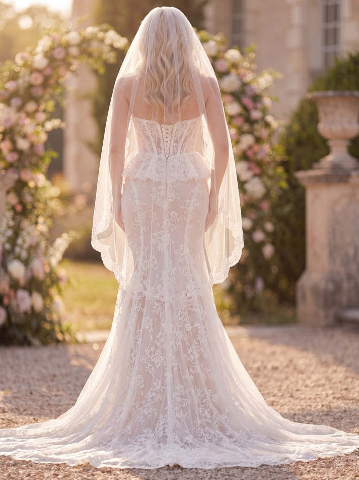 Mermaid White Lace Floral Corset Sweep Train Wedding Dress