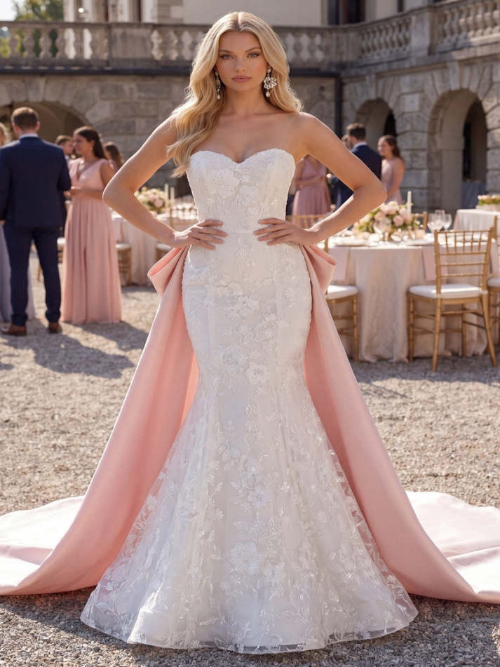 White Floral Mermaid Lace Sweep Train Wedding Dress