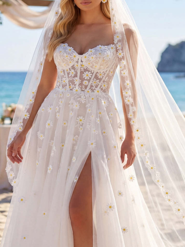 A Line White Floral Corset Floor-Length Tulle Wedding Dress