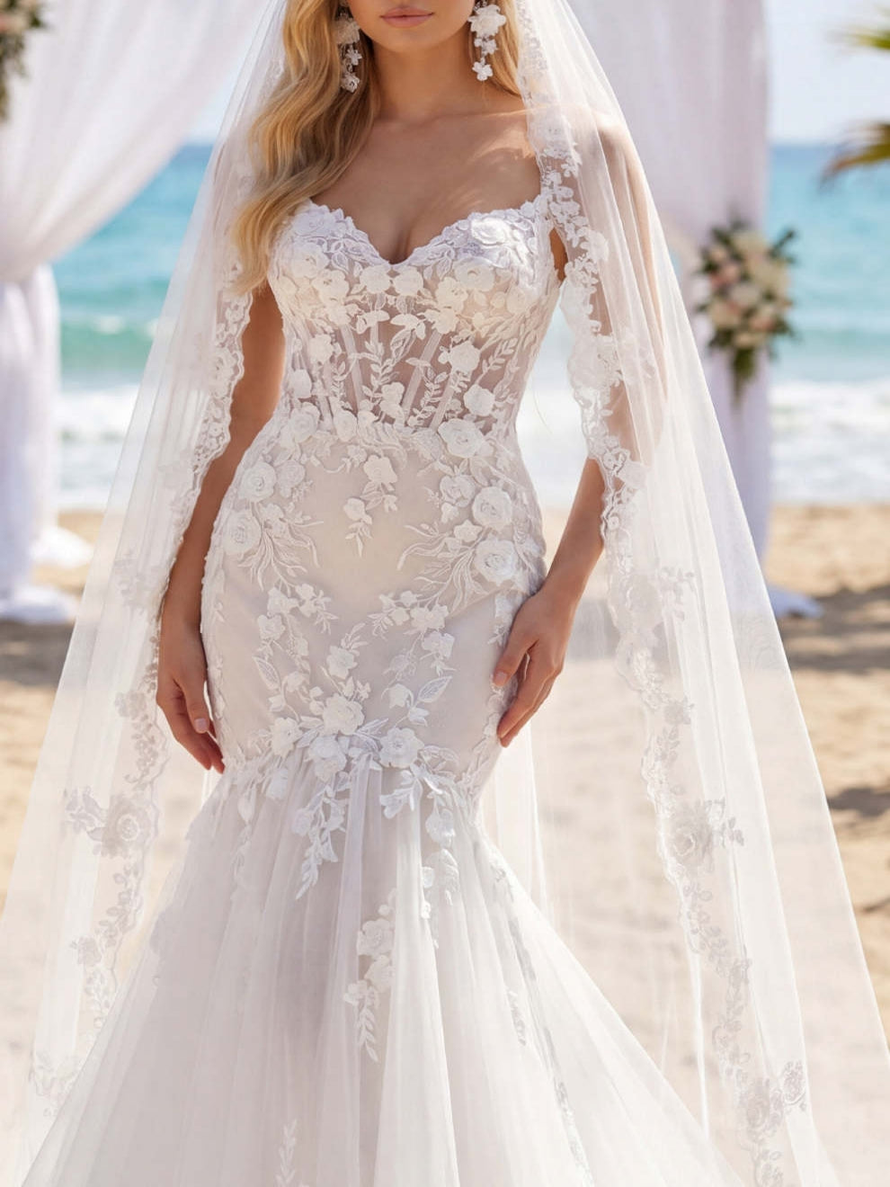 Spaghetti Straps White Lace Floral Floor-Length Beach Wedding Dress