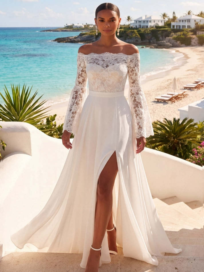 White Off the Shoulder Lace A Line Long Beach Wedding Dress with Slit
