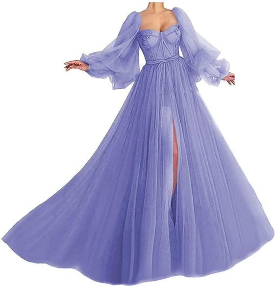 Puffy Sleeves Tulle Ball Gowns Sweetheart Formal Prom Dresses Princess Wedding Dresses with Slit - VelvetHem