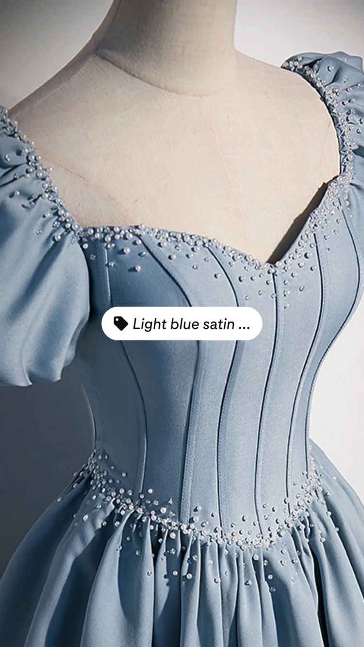 Light Blue Satin Long Prom Dress Short Sleeves Birthday Dress Princess Dress - View 2 | VelvetHem