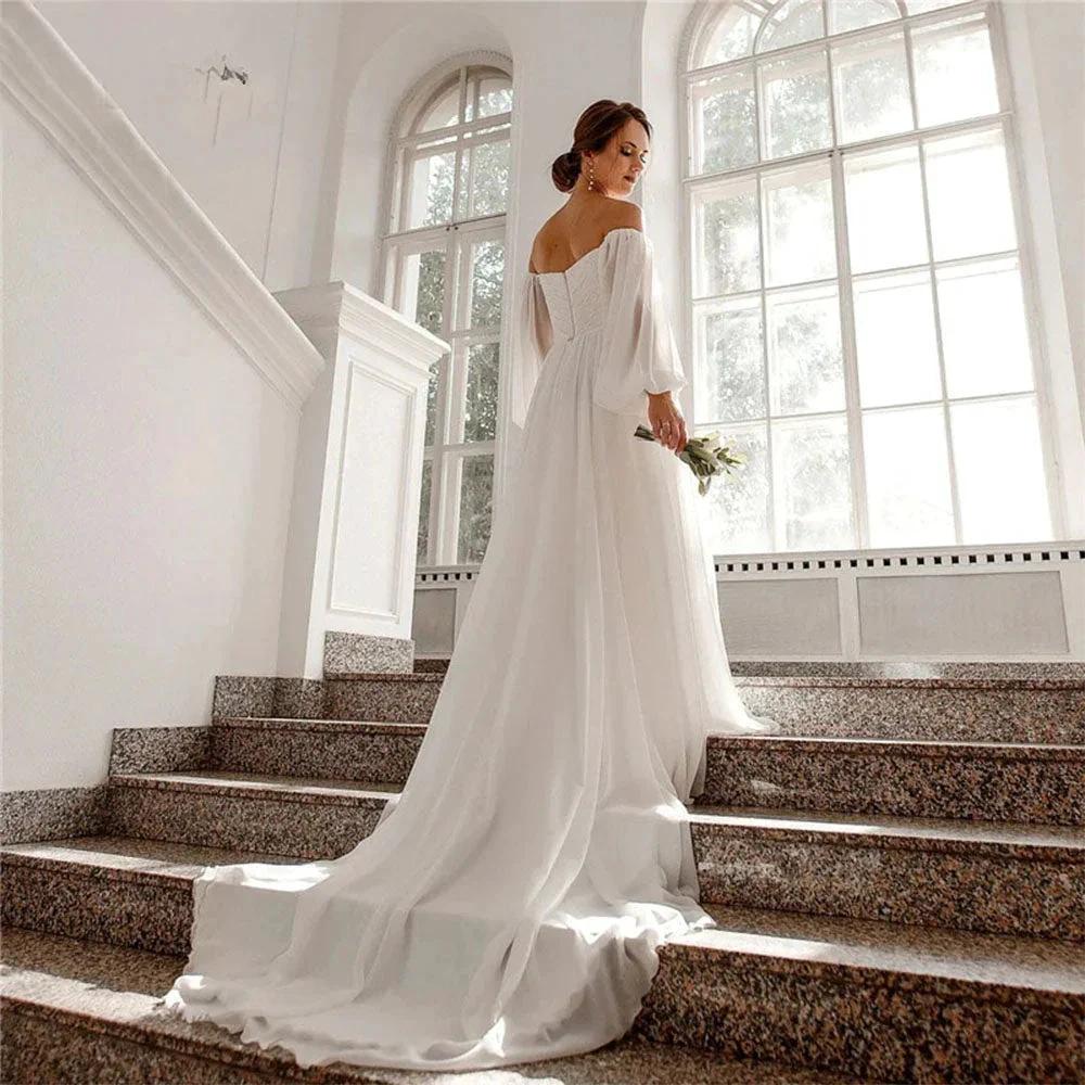 Off the Shoulder Chiffon Boho Wedding Dress 2022 V-Neck Long Lantern Sleeves A-Line Beach Bridal Gowns vestidos de novia (ZD13519)