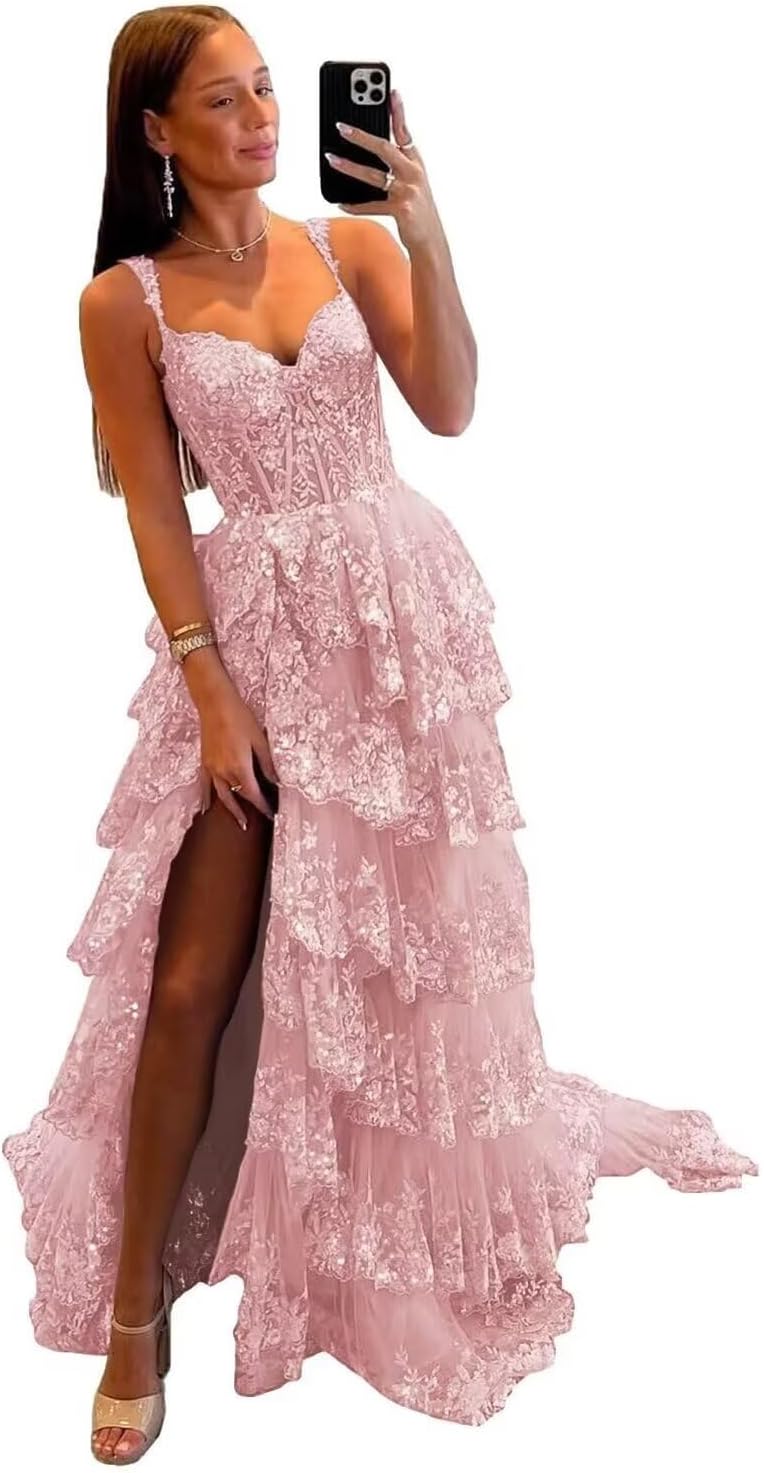 Sparkly Tiered Lace Tulle Prom Dresses Long 2025 Spaghetti Straps Formal Corset Evening Gown with Slit