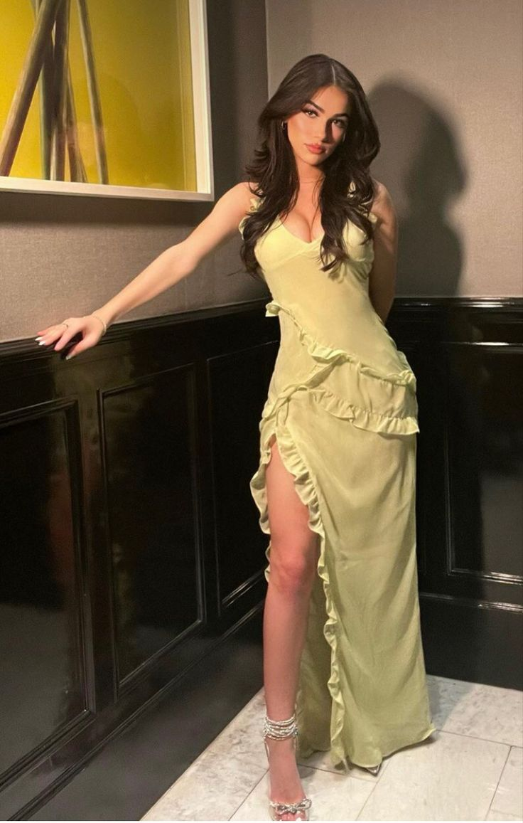 Sexy Spaghetti Straps Yellow Slit Ruffles Evening Dress Long Party Prom Dress