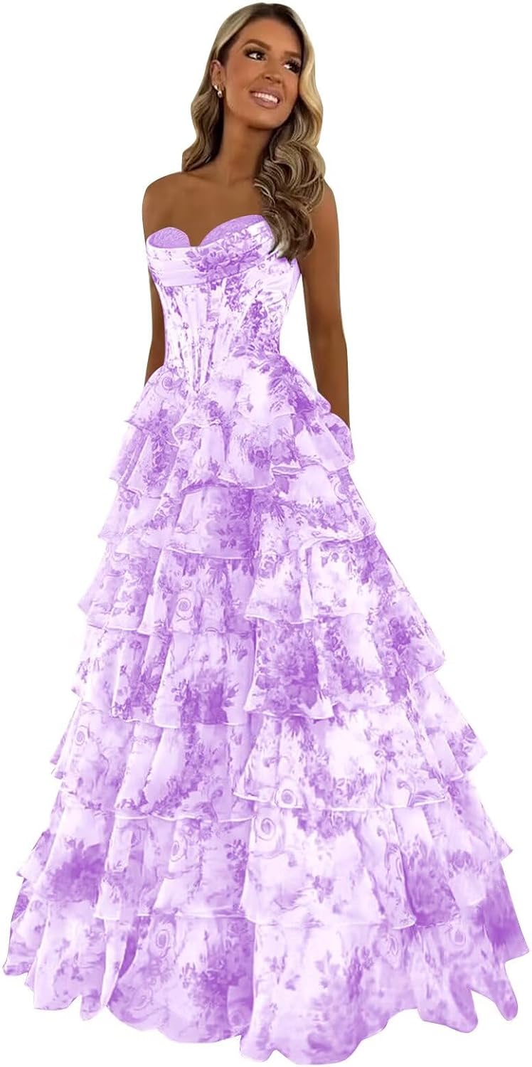 Strapless Corset Prom Dresses for Women 2025 Long Tiered Ruffle Chiffon Formal Evening Gown with Slit