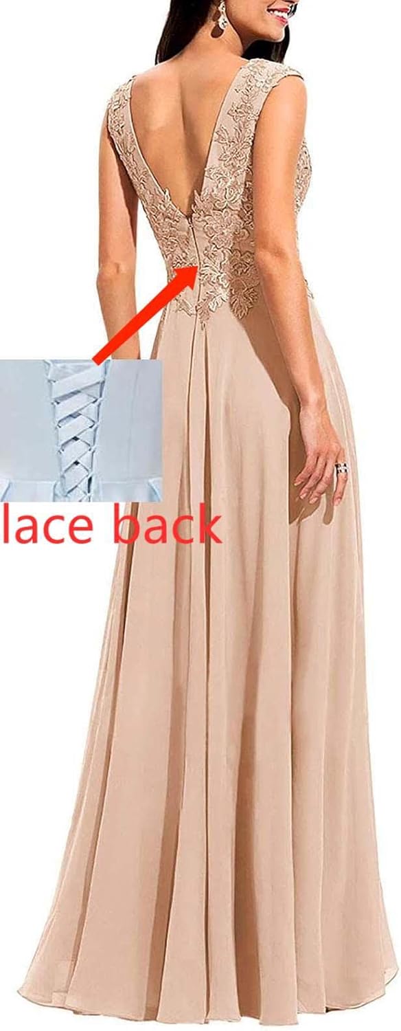 Chiffon Appliques Bridesmaid Dress Long V Neck Beaded Wedding Guest Gown with Split