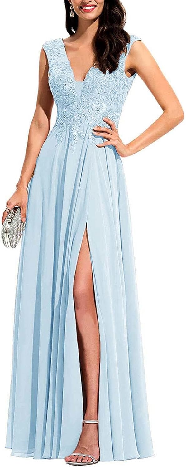 Chiffon Appliques Bridesmaid Dress Long V Neck Beaded Wedding Guest Gown with Split