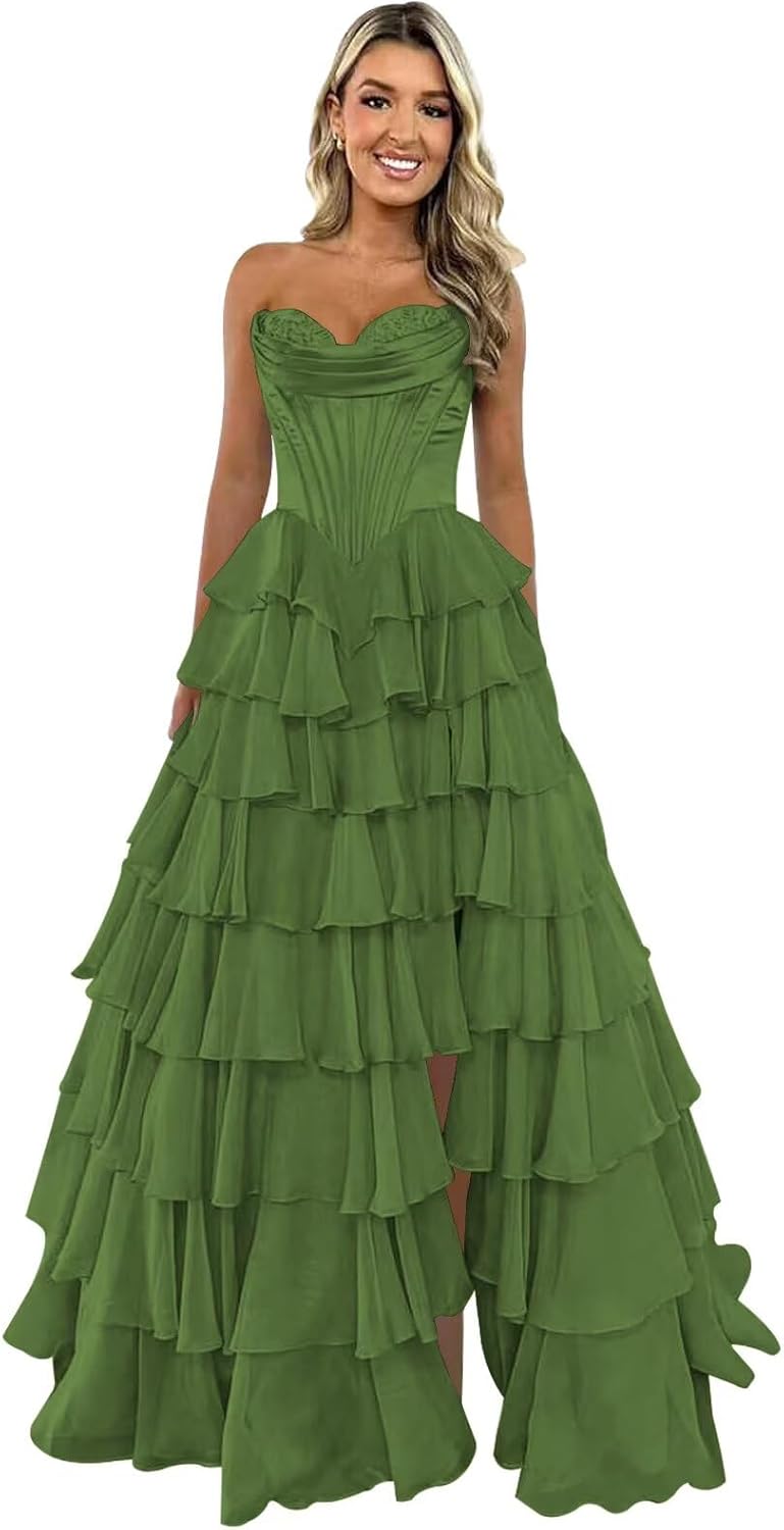 Strapless Corset Prom Dresses for Women 2025 Long Tiered Ruffle Chiffon Formal Evening Gown with Slit